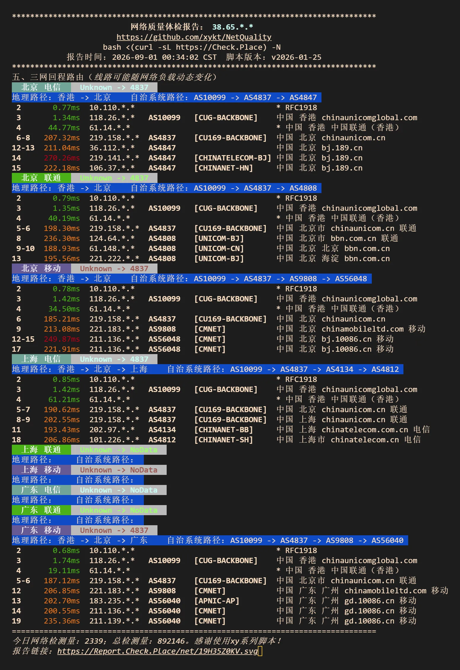 VMRack L2 NodeQuality 三网回程路由测试结果