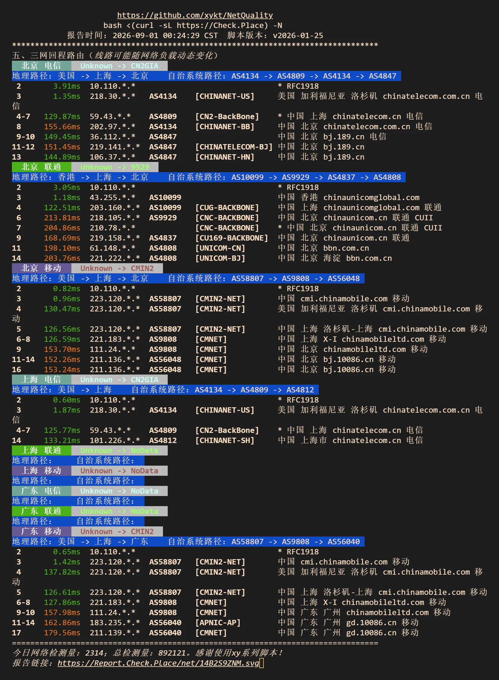 VMRack L3 NodeQuality 三网回程路由测试结果